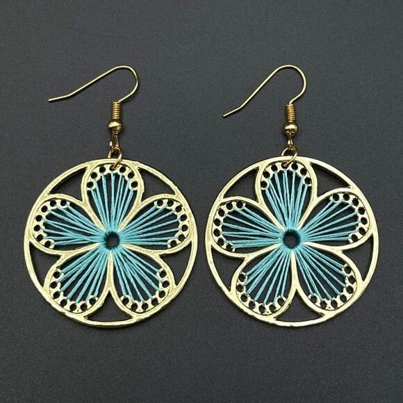 Yellow Gold with Round Blue Threaded Flower Dangling Drop Hook Earrings - Picture 2 of 8